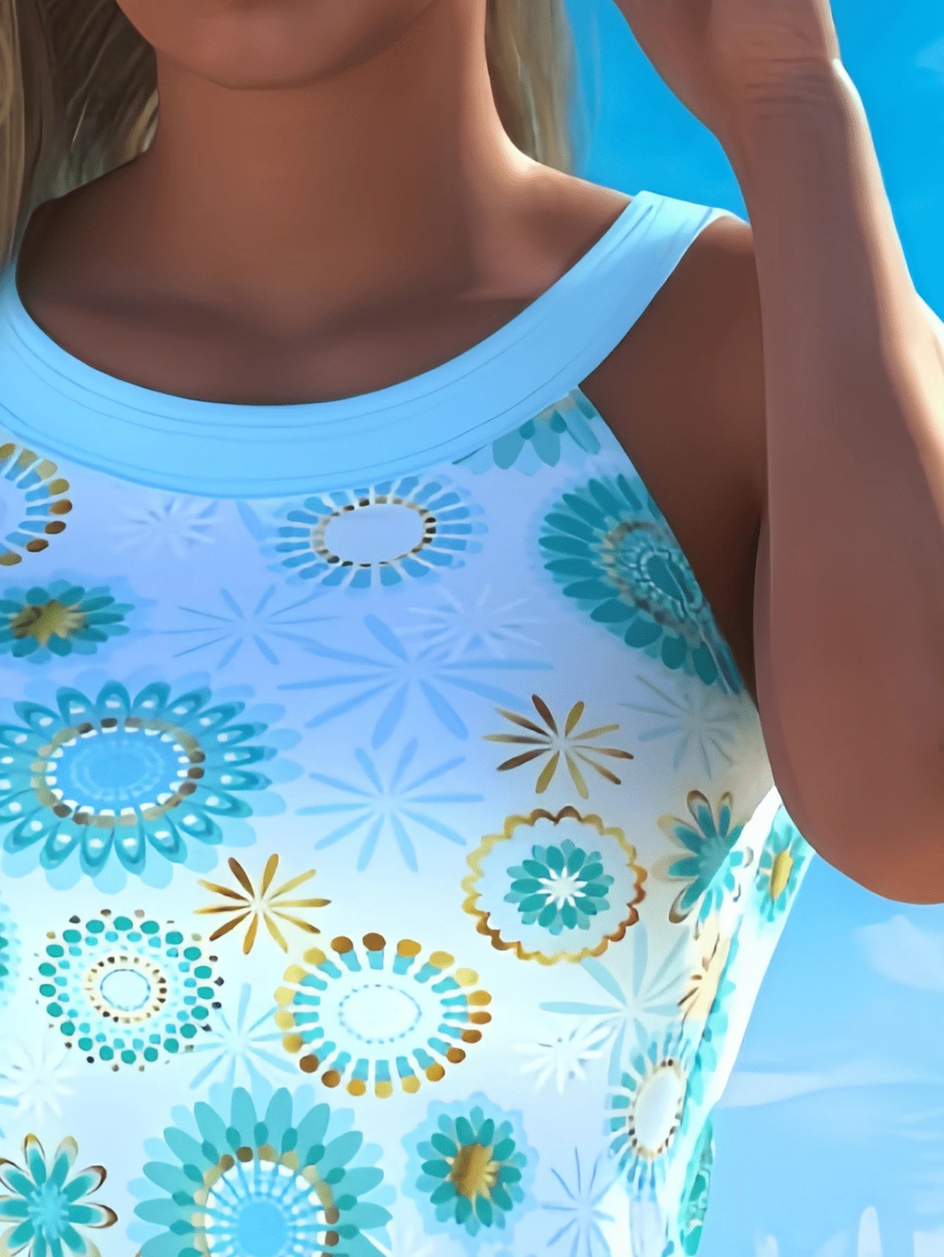 Elegant Women's Blue Swimsuit, Hollow Neckline Halter Top With Floral Print And Matching Shorts, Creating A Casual Yet Adorable Look For Summer Vacation Beach