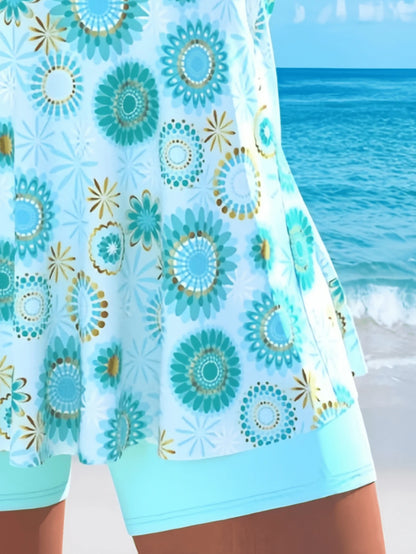 Elegant Women's Blue Swimsuit, Hollow Neckline Halter Top With Floral Print And Matching Shorts, Creating A Casual Yet Adorable Look For Summer Vacation Beach