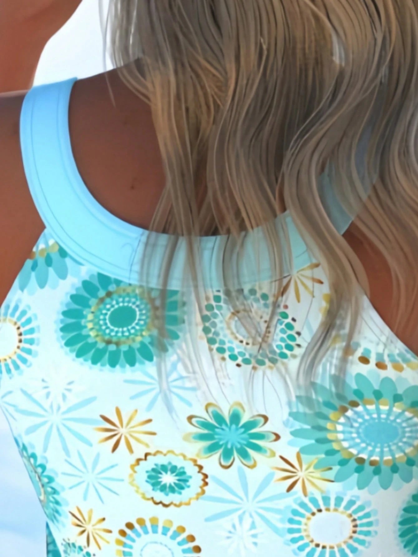 Elegant Women's Blue Swimsuit, Hollow Neckline Halter Top With Floral Print And Matching Shorts, Creating A Casual Yet Adorable Look For Summer Vacation Beach
