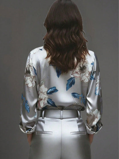 Elegant Women's Floral & Leaf Print Button-Down Shirt, Suitable For Vacation And All Seasons Spring