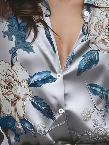 Elegant Women's Floral & Leaf Print Button-Down Shirt, Suitable For Vacation And All Seasons Spring