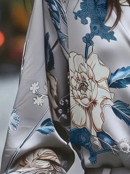 Elegant Women's Floral & Leaf Print Button-Down Shirt, Suitable For Vacation And All Seasons Spring