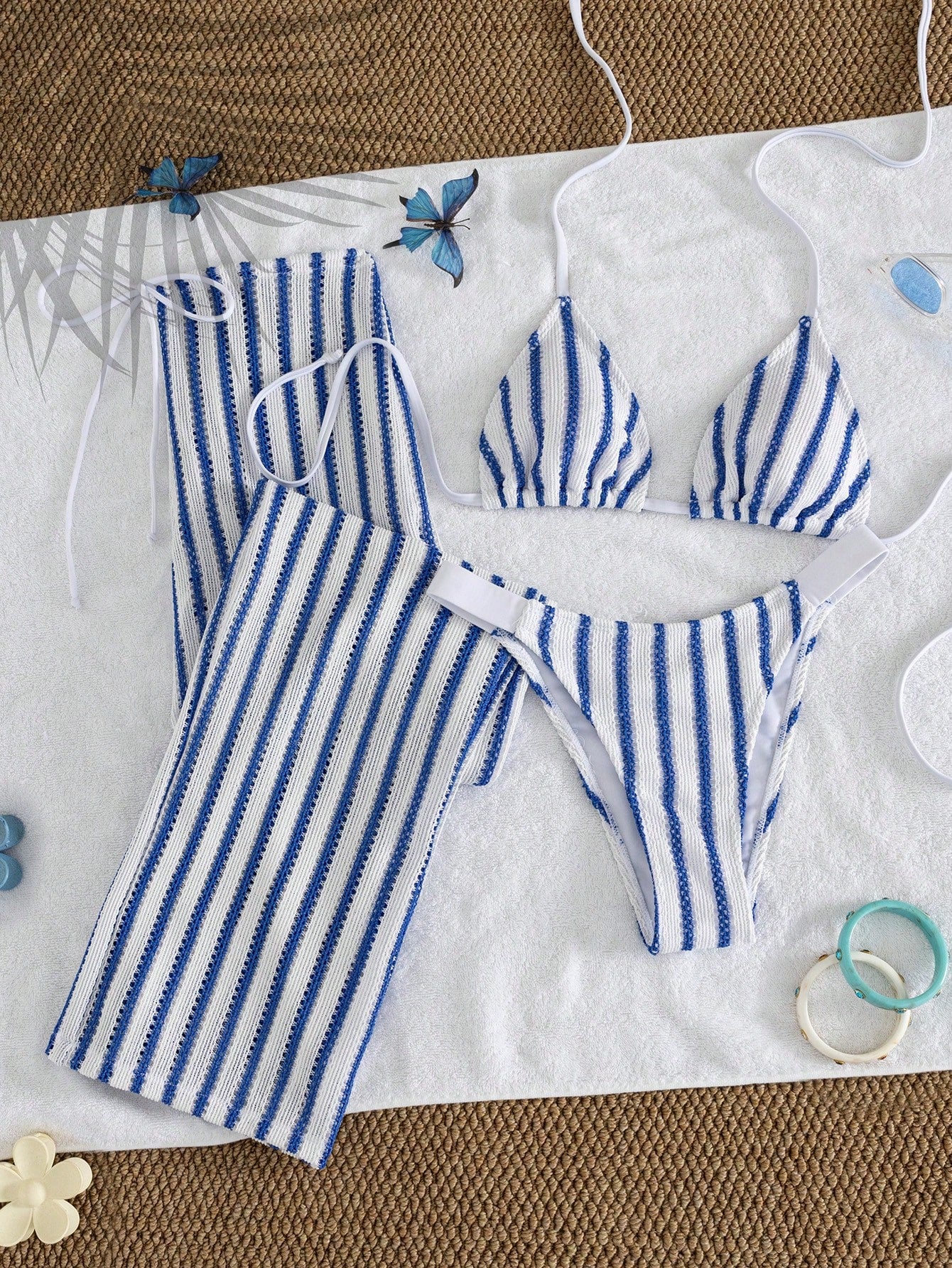 Elegant Women's Striped Knit Bikini Swimsuit Set Featuring Halter Neck Top And Matching Wide-Leg Pants, Perfect For Beach Holidays Vacation Summer