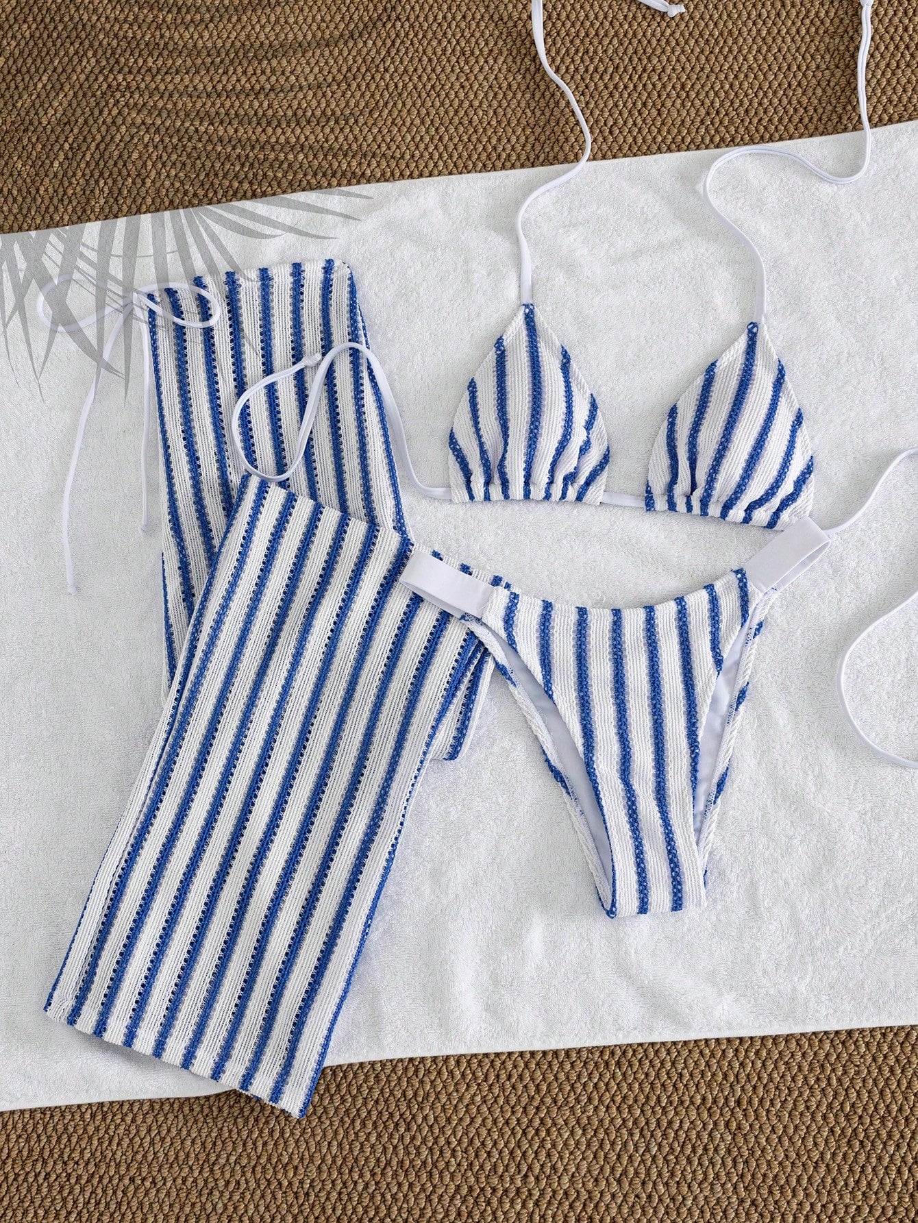 Elegant Women's Striped Knit Bikini Swimsuit Set Featuring Halter Neck Top And Matching Wide-Leg Pants, Perfect For Beach Holidays Vacation Summer