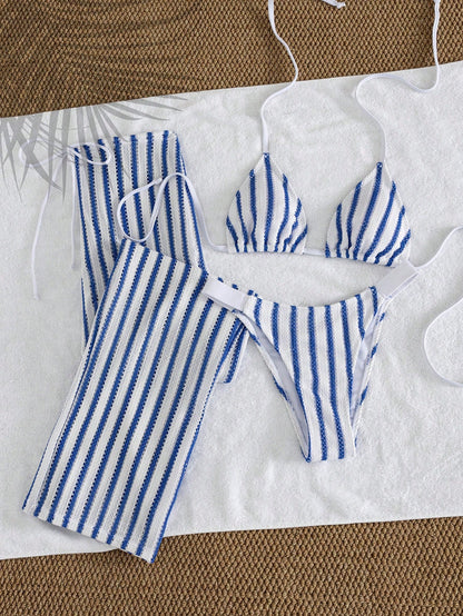 Elegant Women's Striped Knit Bikini Swimsuit Set Featuring Halter Neck Top And Matching Wide-Leg Pants, Perfect For Beach Holidays Vacation Summer