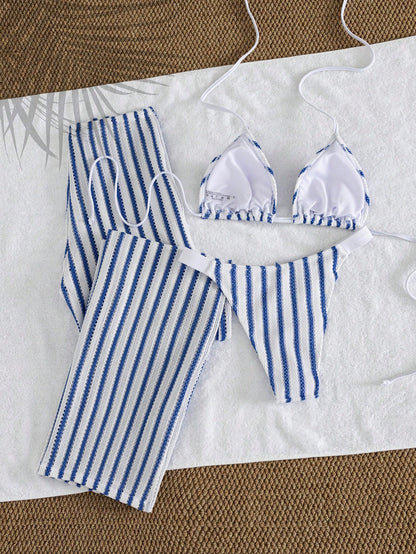 Elegant Women's Striped Knit Bikini Swimsuit Set Featuring Halter Neck Top And Matching Wide-Leg Pants, Perfect For Beach Holidays Vacation Summer