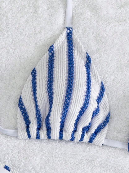 Elegant Women's Striped Knit Bikini Swimsuit Set Featuring Halter Neck Top And Matching Wide-Leg Pants, Perfect For Beach Holidays Vacation Summer