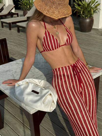 Elegant Women's Striped Knit Bikini Swimsuit Set Featuring Halter Neck Top And Matching Wide-Leg Pants, Perfect For Beach Holidays Vacation Summer