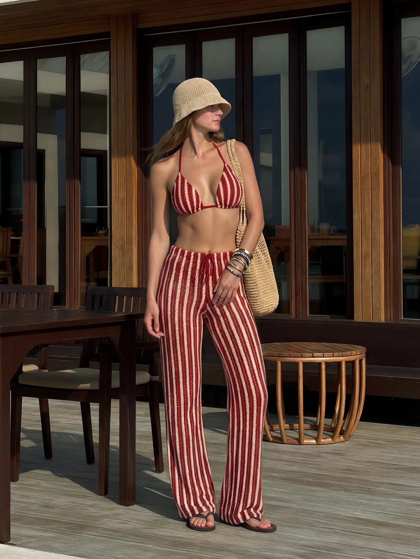 Elegant Women's Striped Knit Bikini Swimwear Set Featuring Halter Neck Top And Matching Wide-Leg Pants, Perfect For Beach Holidays Vacation Red Summer