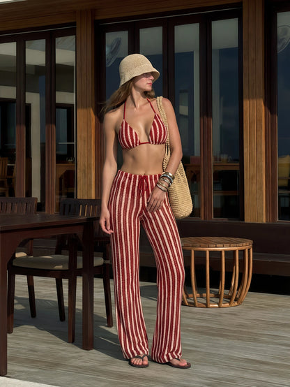 Elegant Women's Striped Knit Bikini Swimwear Set Featuring Halter Neck Top And Matching Wide-Leg Pants, Perfect For Beach Holidays Vacation Red Summer