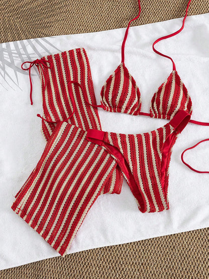 Elegant Women's Striped Knit Bikini Swimwear Set Featuring Halter Neck Top And Matching Wide-Leg Pants, Perfect For Beach Holidays Vacation Red Summer