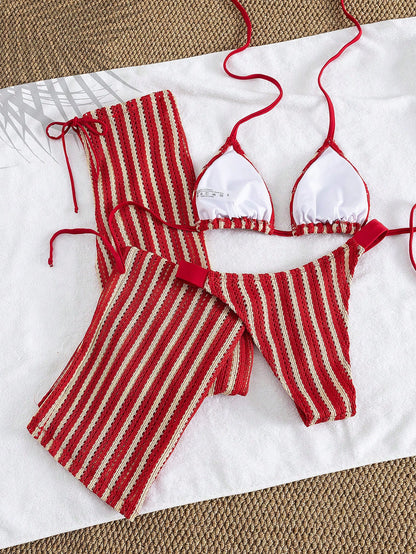 Elegant Women's Striped Knit Bikini Swimwear Set Featuring Halter Neck Top And Matching Wide-Leg Pants, Perfect For Beach Holidays Vacation Red Summer