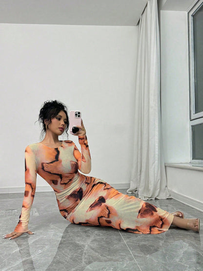 Elenzga 1pc Women Elegant Ombre Long Sleeve Slimming Dress Maxi Women Outfit Fall Cloth For Women