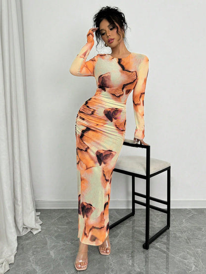 Elenzga 1pc Women Elegant Ombre Long Sleeve Slimming Dress Maxi Women Outfit Fall Cloth For Women