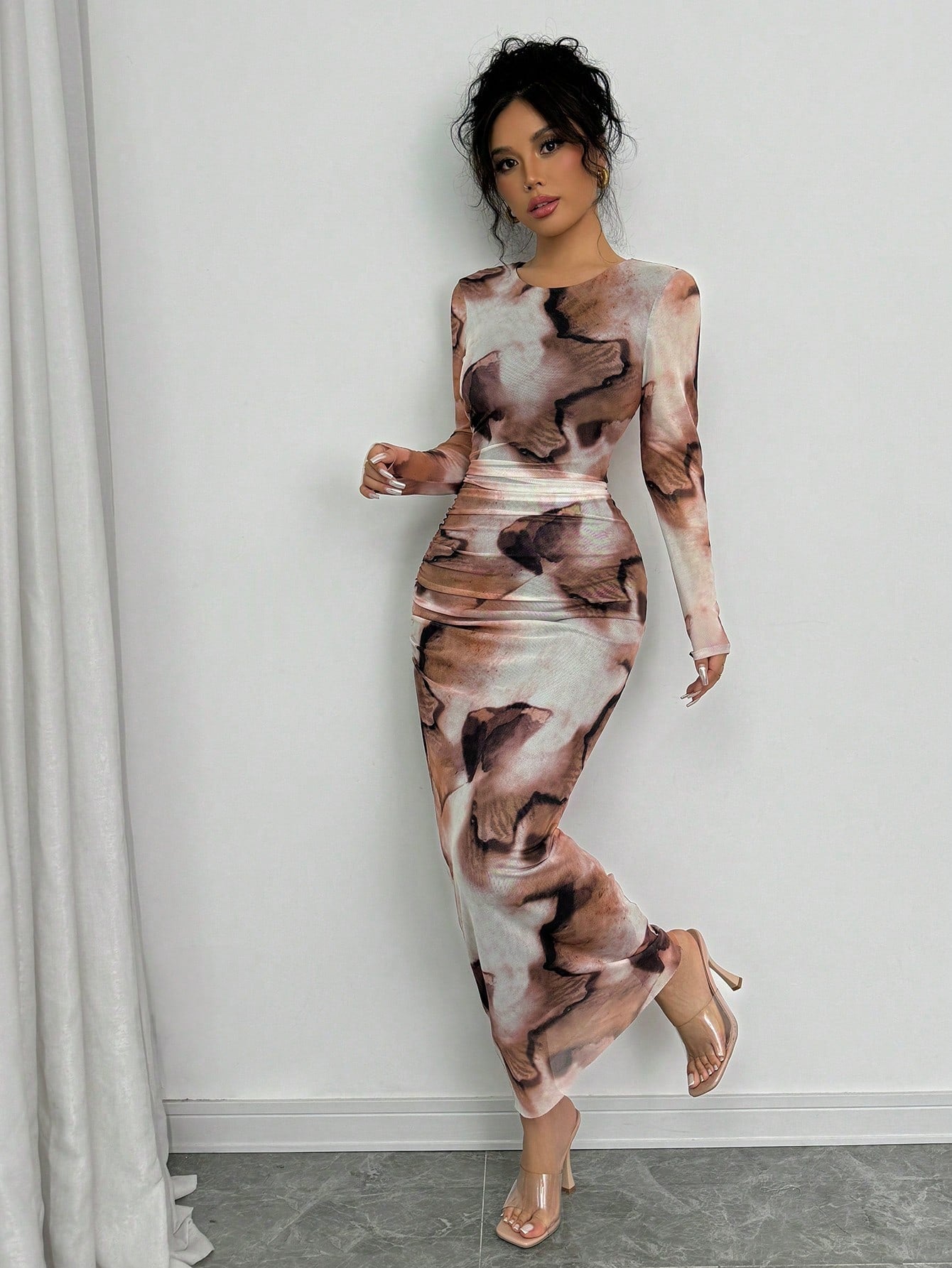 Elenzga 1pc Women Elegant Ombre Long Sleeve Slimming Dress Maxi Women Outfit Fall Cloth For Women