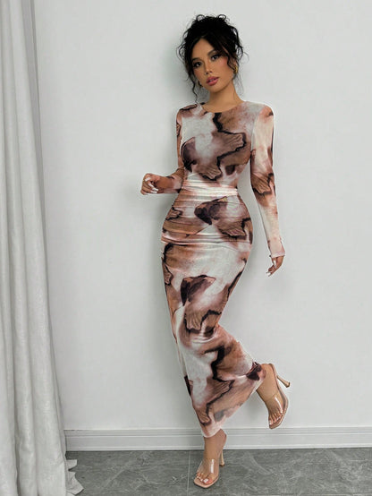 Elenzga 1pc Women Elegant Ombre Long Sleeve Slimming Dress Maxi Women Outfit Fall Cloth For Women