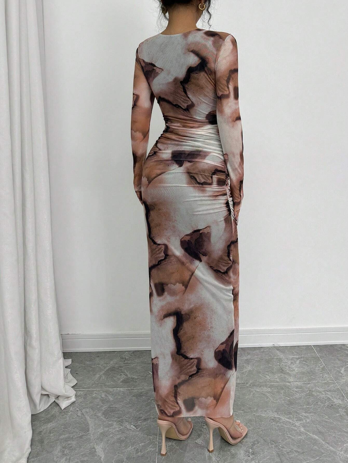 Elenzga 1pc Women Elegant Ombre Long Sleeve Slimming Dress Maxi Women Outfit Fall Cloth For Women