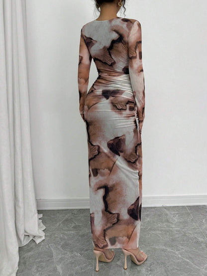Elenzga 1pc Women Elegant Ombre Long Sleeve Slimming Dress Maxi Women Outfit Fall Cloth For Women