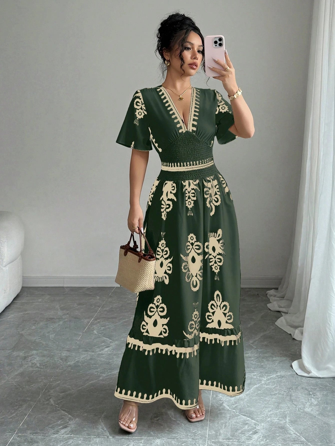 Elenzga Apricot Shirred Waist Defined Floral Print Long Dress For Women