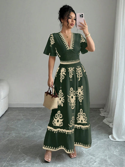 Elenzga Apricot Shirred Waist Defined Floral Print Long Dress For Women