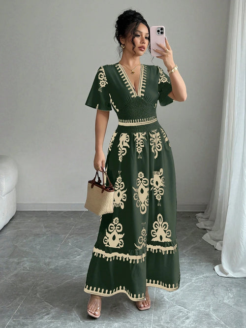 Elenzga Apricot Shirred Waist Defined Floral Print Long Dress For Women