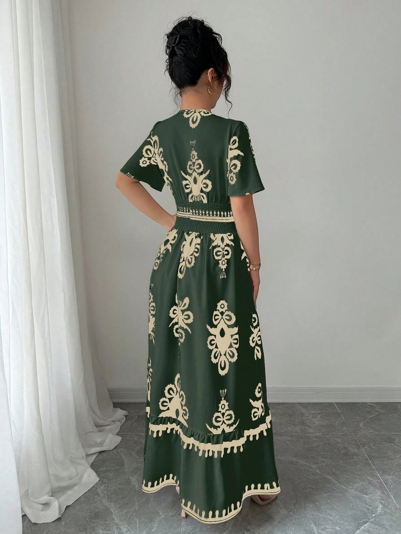 Elenzga Apricot Shirred Waist Defined Floral Print Long Dress For Women