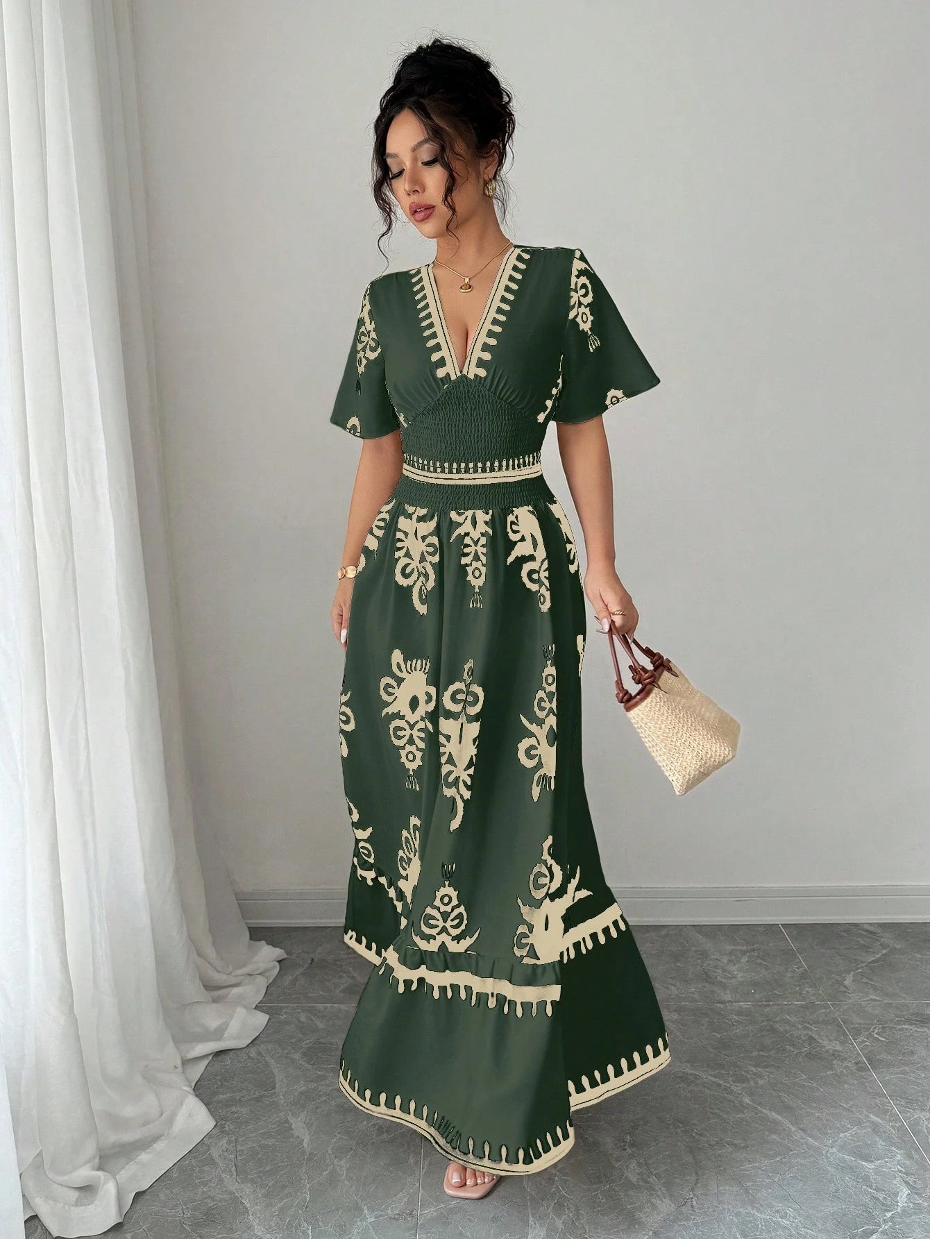 Elenzga Apricot Shirred Waist Defined Floral Print Long Dress For Women