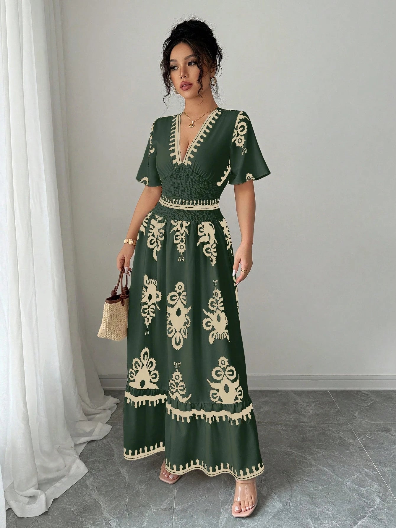 Elenzga Apricot Shirred Waist Defined Floral Print Long Dress For Women