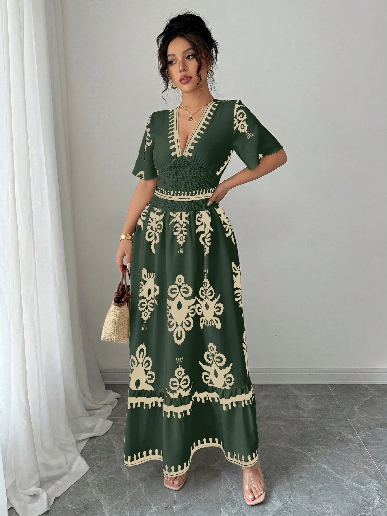 Elenzga Apricot Shirred Waist Defined Floral Print Long Dress For Women
