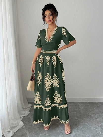Elenzga Apricot Shirred Waist Defined Floral Print Long Dress For Women