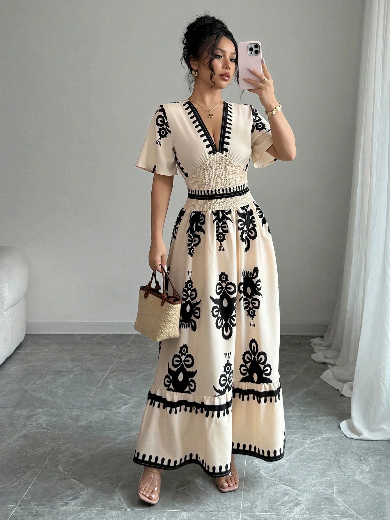 Elenzga Apricot Shirred Waist Defined Floral Print Long Dress For Women
