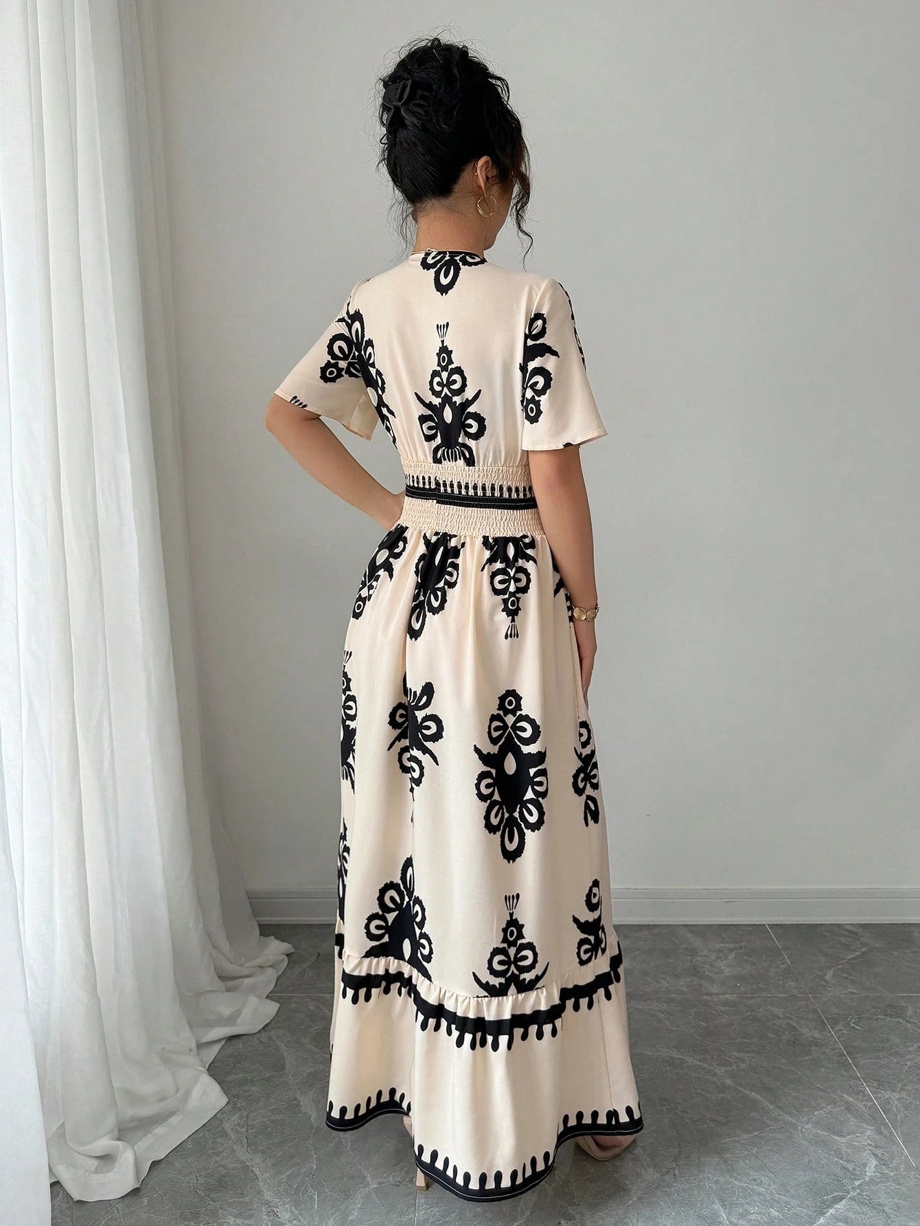 Elenzga Apricot Shirred Waist Defined Floral Print Long Dress For Women