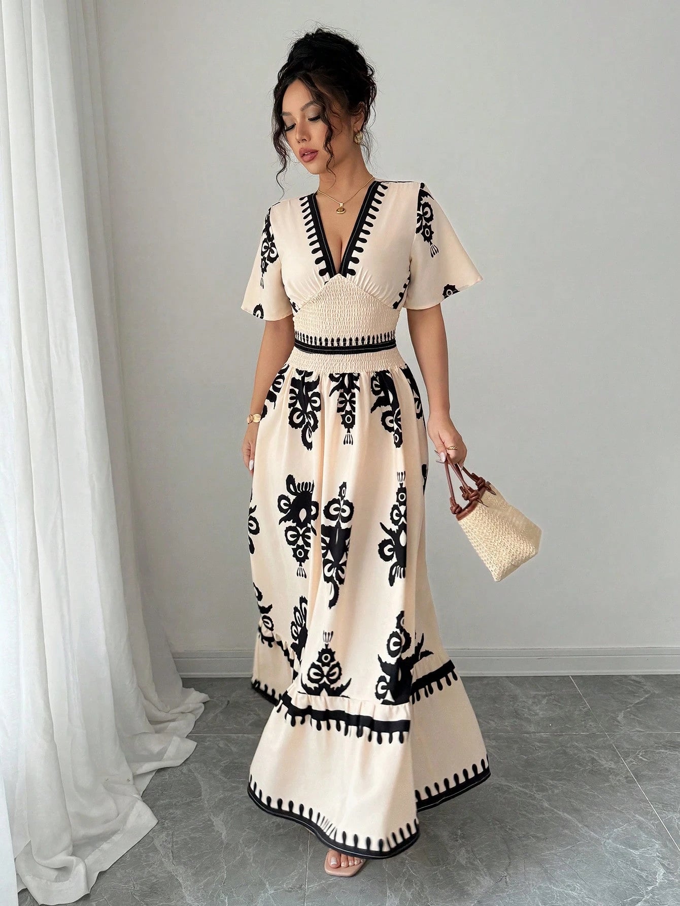 Elenzga Apricot Shirred Waist Defined Floral Print Long Dress For Women