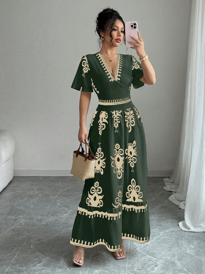 Elenzga Apricot Shirred Waist Defined Floral Print Long Dress For Women