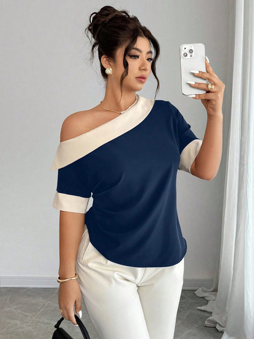 Elenzga Black & White Patchwork Oblique Shoulder Cinched Waist Plus Size Casual Top, Spring/Summer