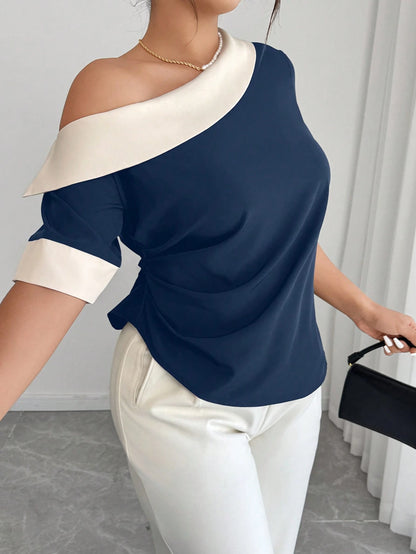 Elenzga Black & White Patchwork Oblique Shoulder Cinched Waist Plus Size Casual Top, Spring/Summer