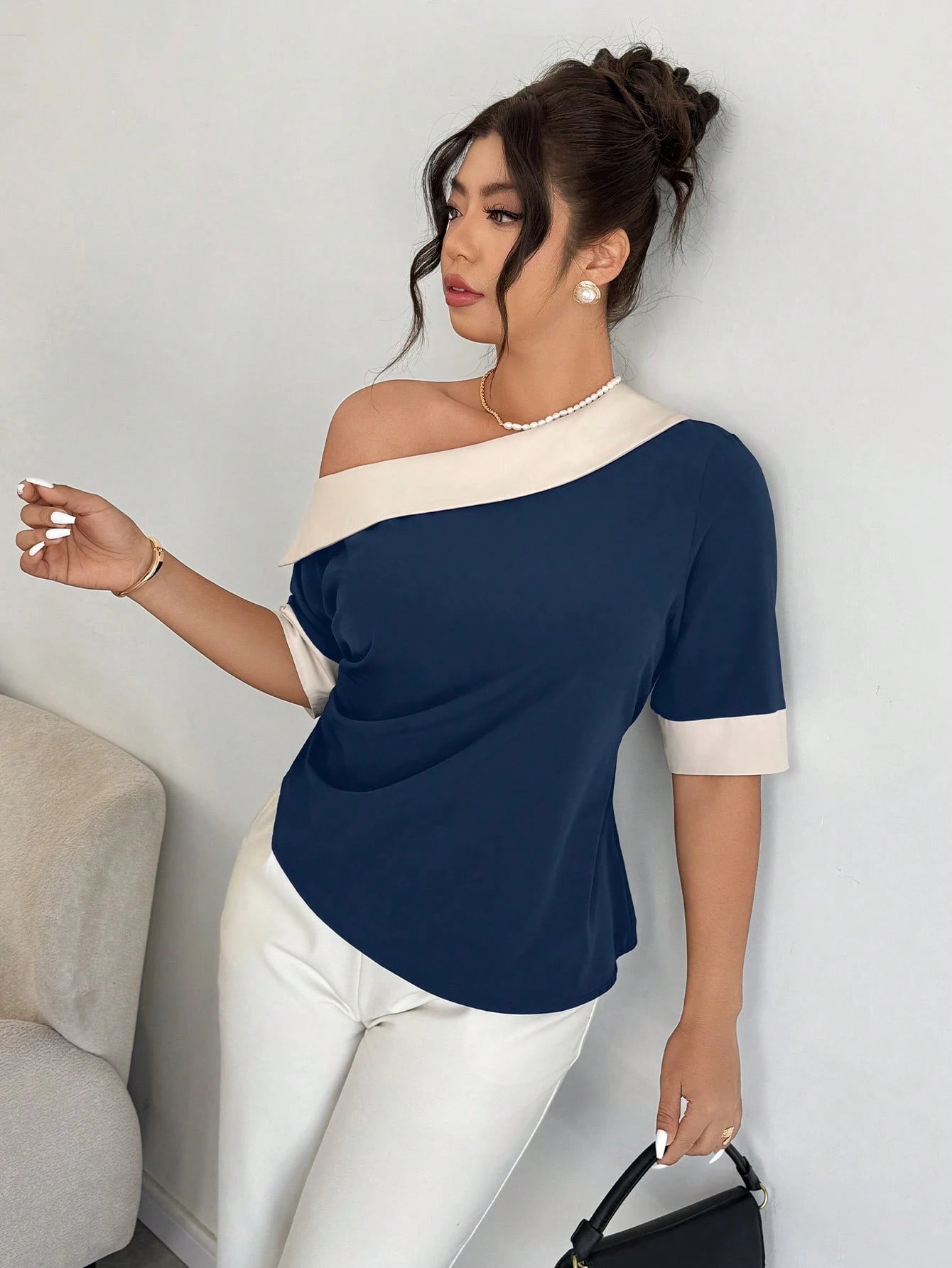 Elenzga Black & White Patchwork Oblique Shoulder Cinched Waist Plus Size Casual Top, Spring/Summer