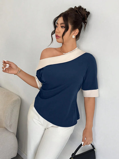 Elenzga Black & White Patchwork Oblique Shoulder Cinched Waist Plus Size Casual Top, Spring/Summer