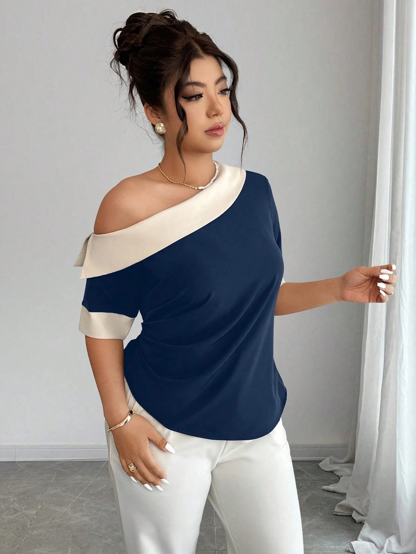 Elenzga Black & White Patchwork Oblique Shoulder Cinched Waist Plus Size Casual Top, Spring/Summer