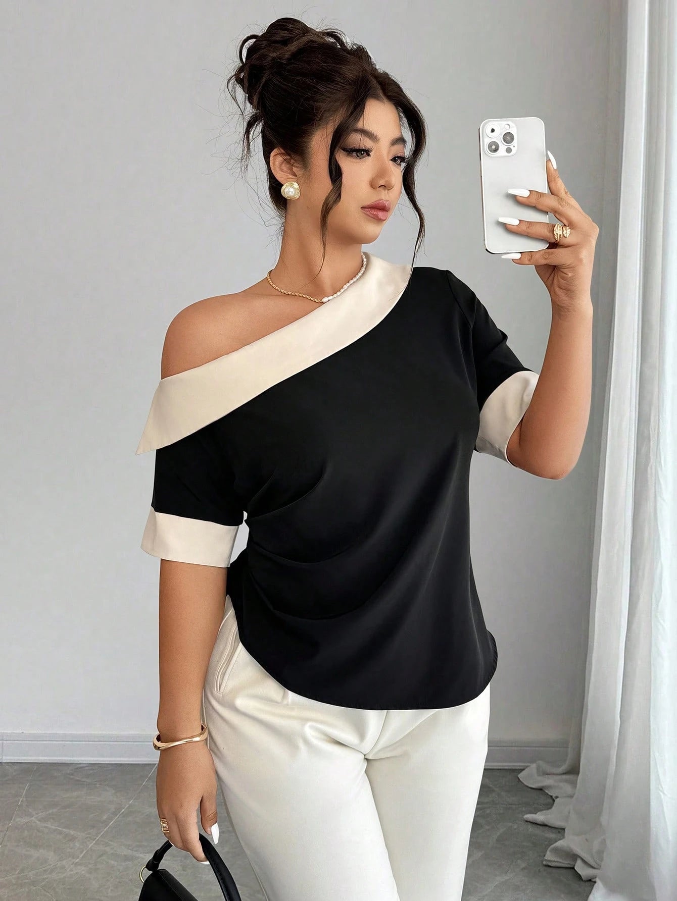 Elenzga Black & White Patchwork Oblique Shoulder Cinched Waist Plus Size Casual Top, Spring/Summer