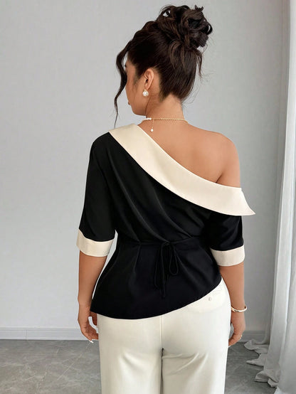 Elenzga Black & White Patchwork Oblique Shoulder Cinched Waist Plus Size Casual Top, Spring/Summer
