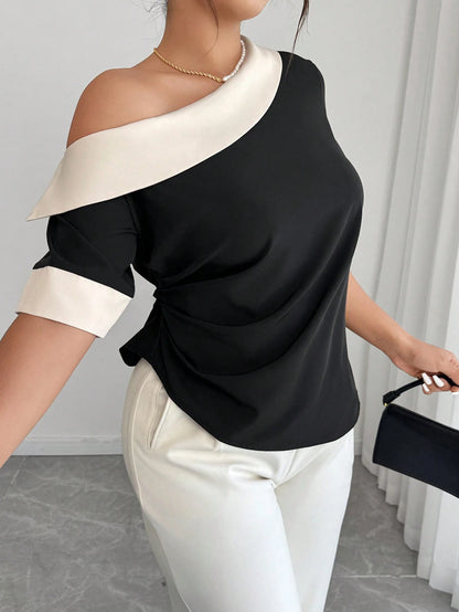 Elenzga Black & White Patchwork Oblique Shoulder Cinched Waist Plus Size Casual Top, Spring/Summer
