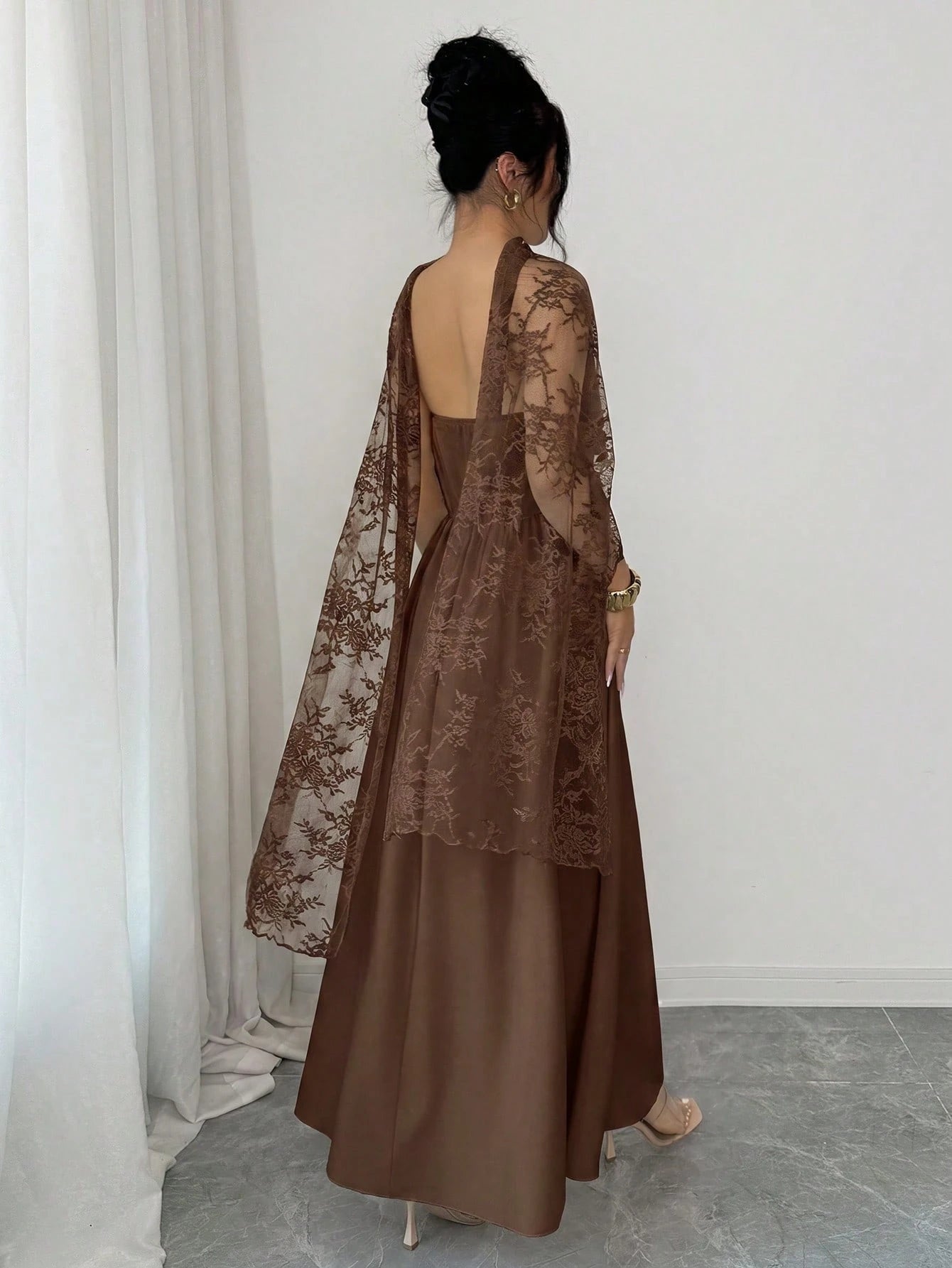 Elenzga Elegant Coffee Brown Fall Winter Maxi Dress, Lace Patchwork Halter A-Line,Ruffle Hem,Fish Bone Line Divider,Long Trailing,Party,Halloween, Events