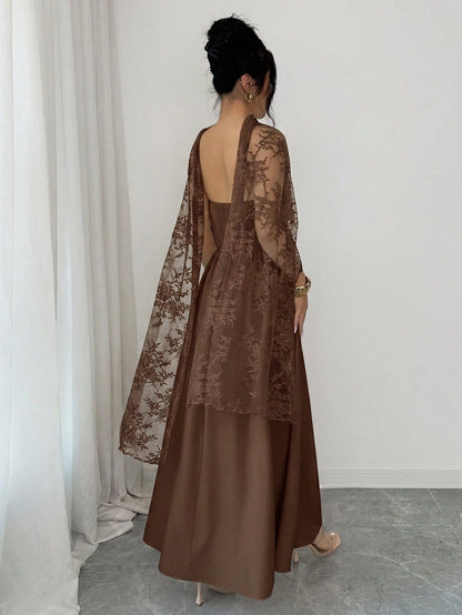 Elenzga Elegant Coffee Brown Fall Winter Maxi Dress, Lace Patchwork Halter A-Line,Ruffle Hem,Fish Bone Line Divider,Long Trailing,Party,Halloween, Events