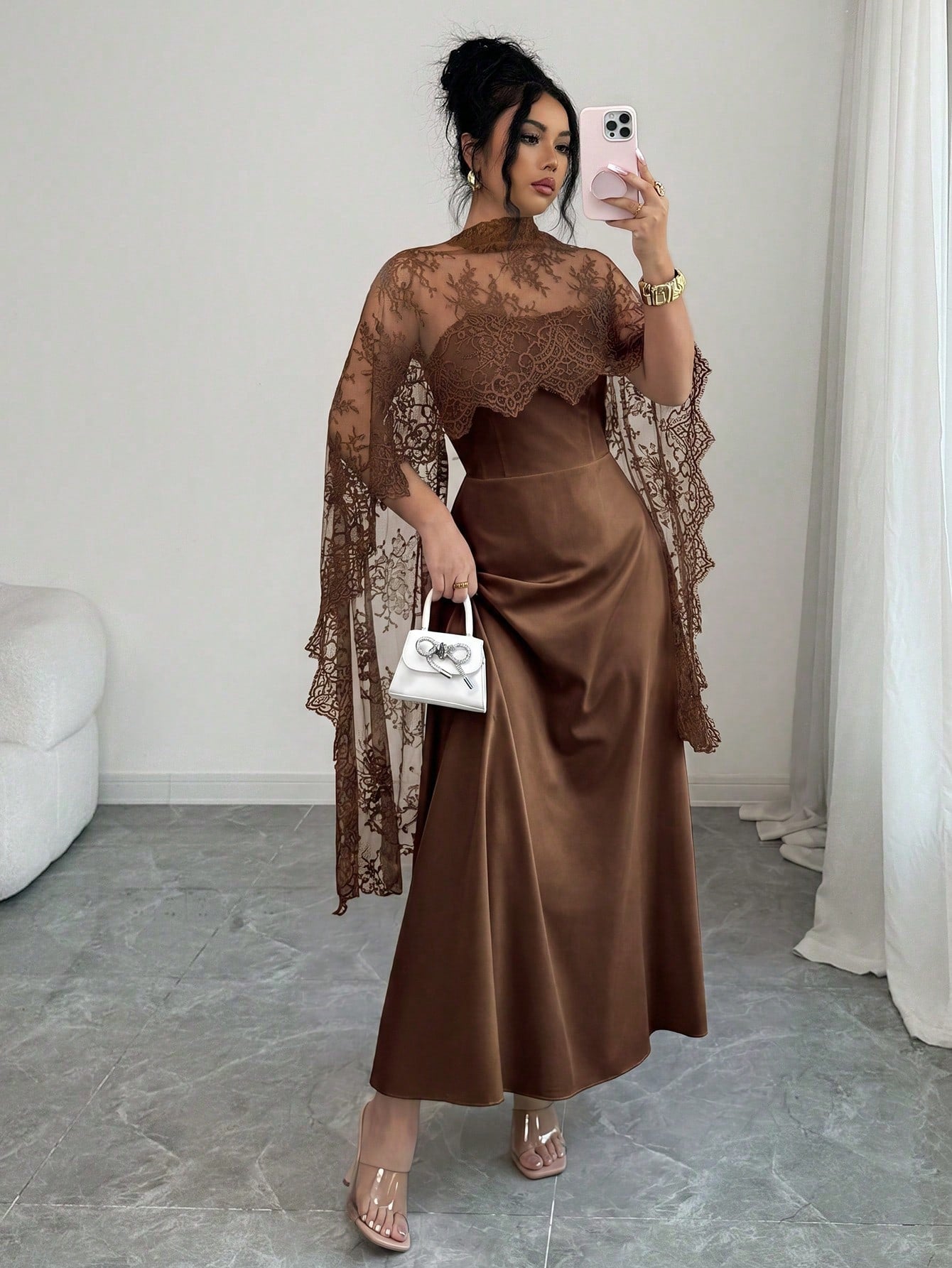 Elenzga Elegant Coffee Brown Fall Winter Maxi Dress, Lace Patchwork Halter A-Line,Ruffle Hem,Fish Bone Line Divider,Long Trailing,Party,Halloween, Events