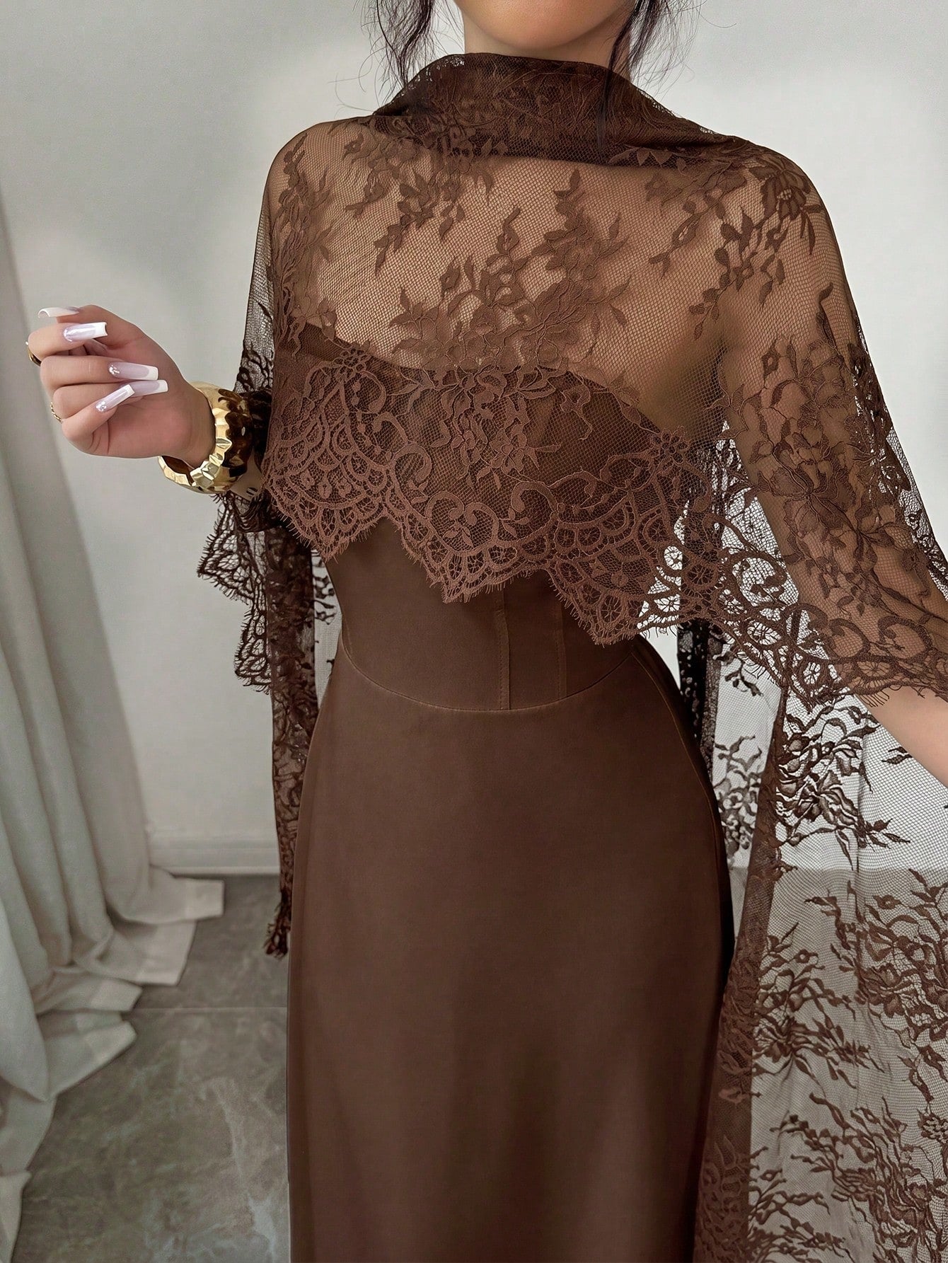 Elenzga Elegant Coffee Brown Fall Winter Maxi Dress, Lace Patchwork Halter A-Line,Ruffle Hem,Fish Bone Line Divider,Long Trailing,Party,Halloween, Events