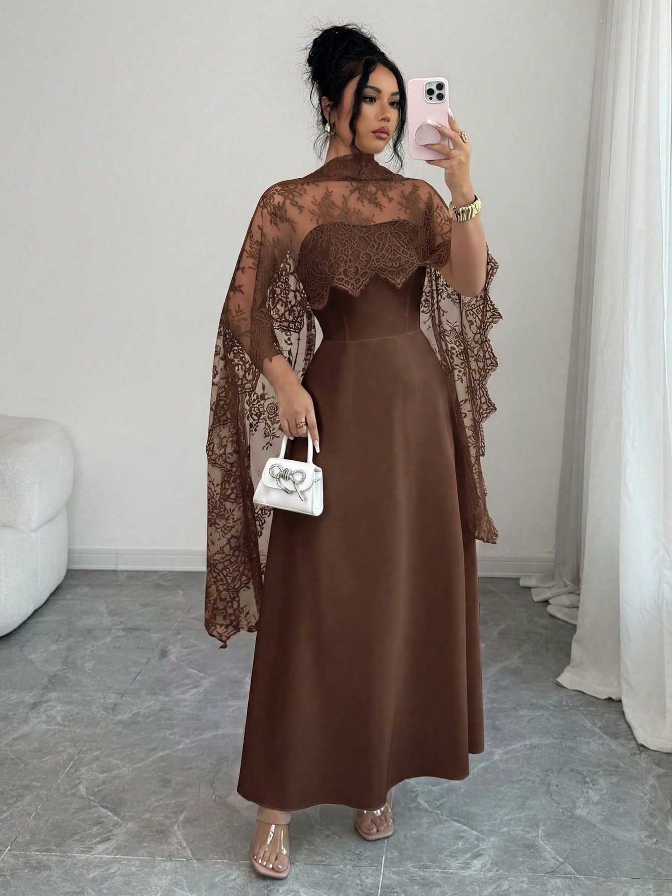 Elenzga Elegant Coffee Brown Fall Winter Maxi Dress, Lace Patchwork Halter A-Line,Ruffle Hem,Fish Bone Line Divider,Long Trailing,Party,Halloween, Events