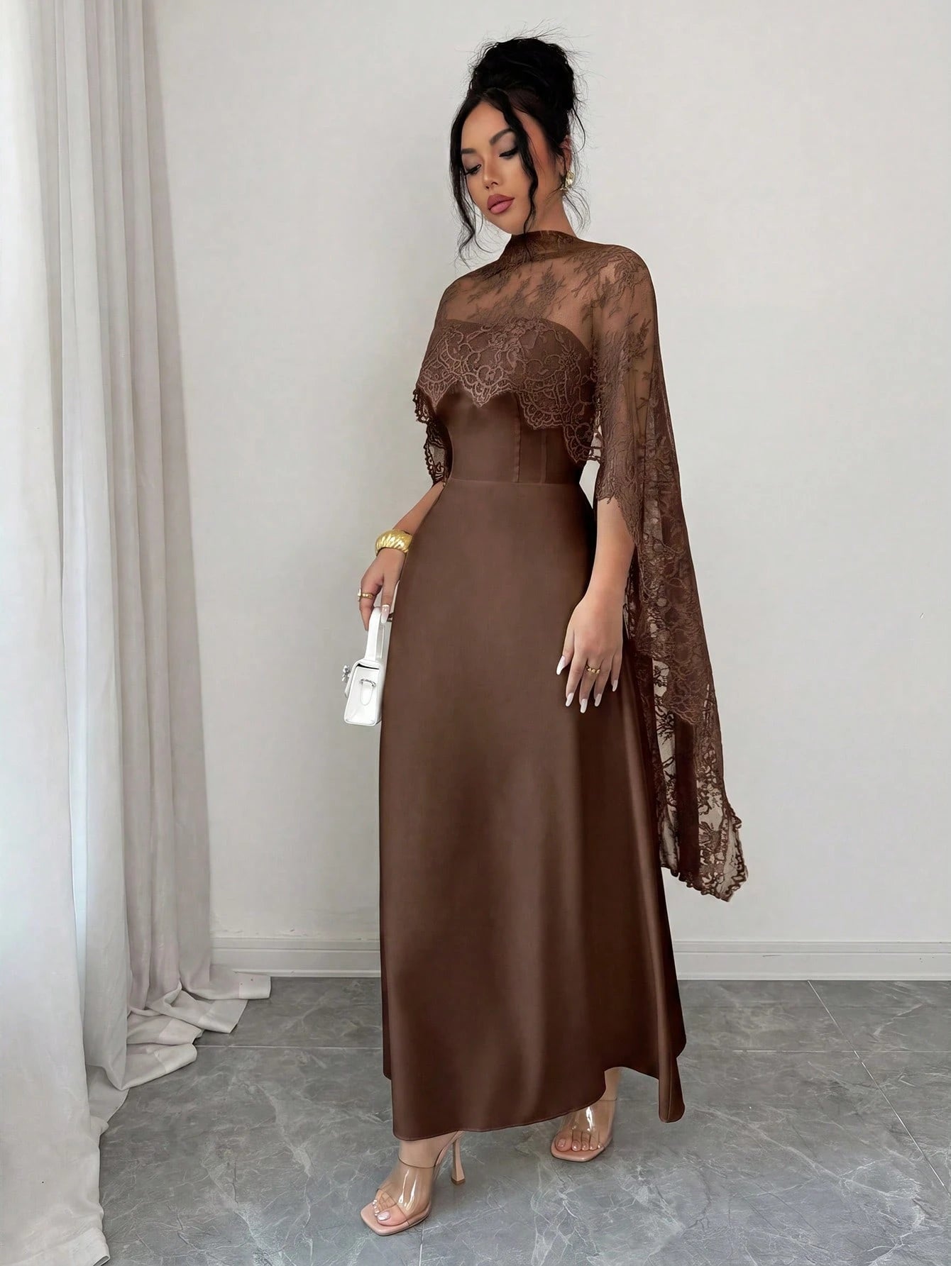 Elenzga Elegant Coffee Brown Fall Winter Maxi Dress, Lace Patchwork Halter A-Line,Ruffle Hem,Fish Bone Line Divider,Long Trailing,Party,Halloween, Events