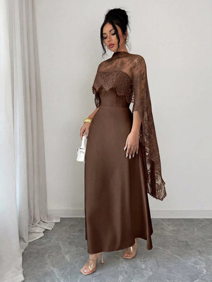 Elenzga Elegant Coffee Brown Fall Winter Maxi Dress, Lace Patchwork Halter A-Line,Ruffle Hem,Fish Bone Line Divider,Long Trailing,Party,Halloween, Events