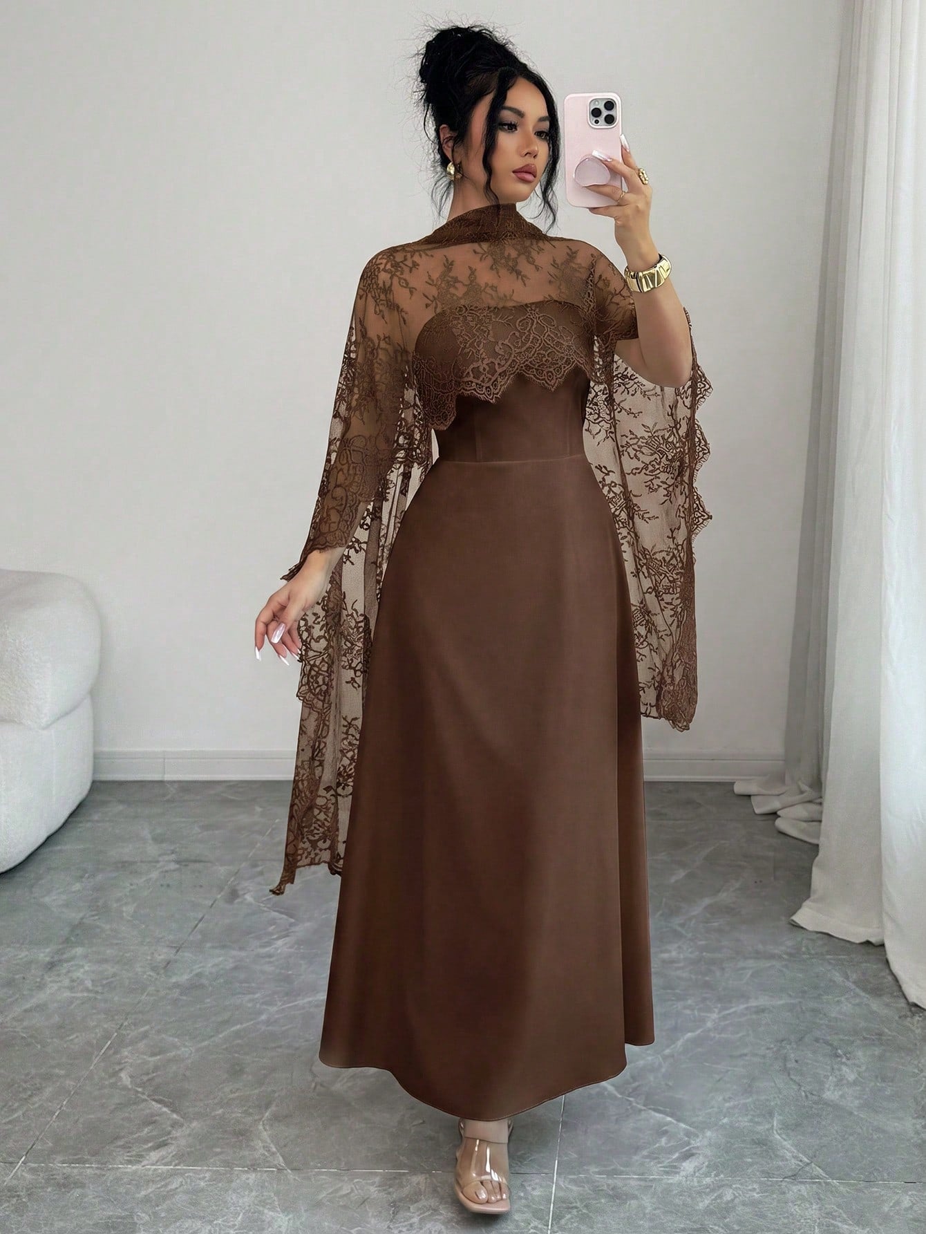 Elenzga Elegant Coffee Brown Fall Winter Maxi Dress, Lace Patchwork Halter A-Line,Ruffle Hem,Fish Bone Line Divider,Long Trailing,Party,Halloween, Events